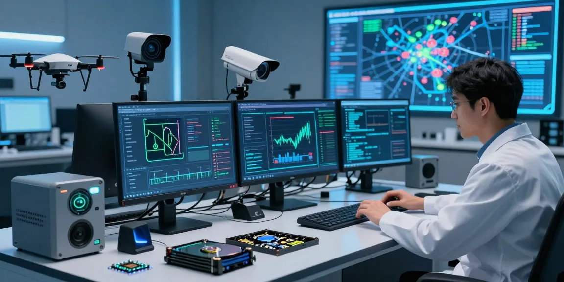 Investigator conducting a cybercrime investigation in a high-tech lab with multiple screens and digital evidence.