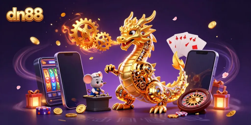 Win big with dn88 as a dynamic dragon breathes coins and cogs in a vibrant casino scene.