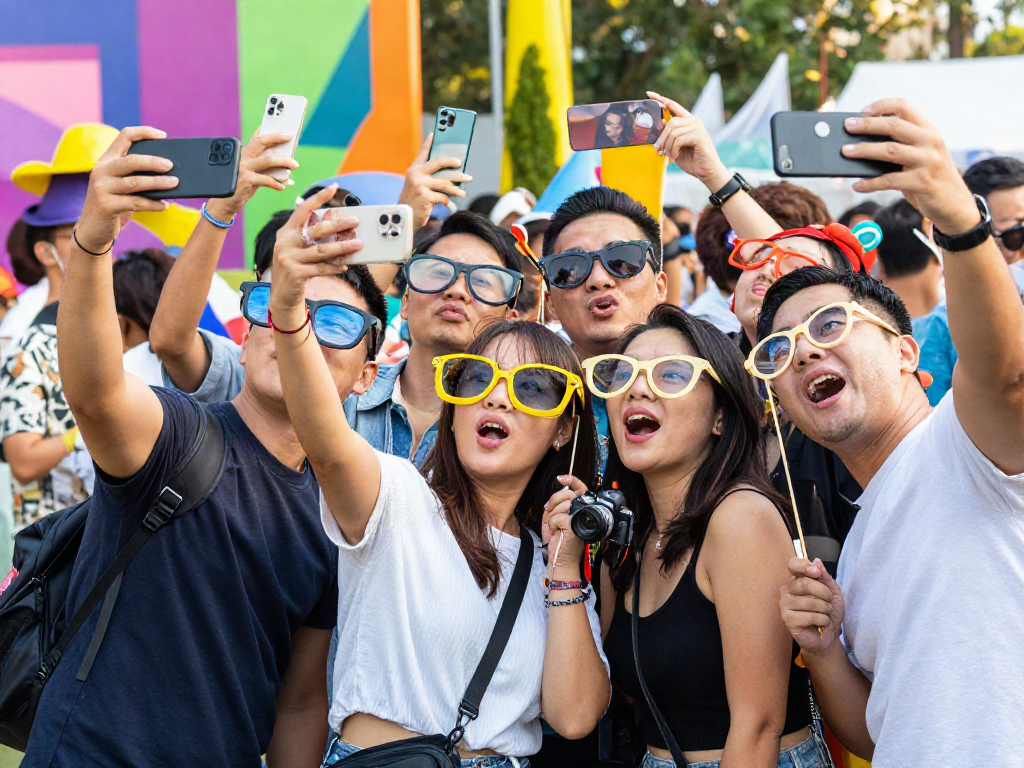 Friends comparing their celebrity look alike photos during a fun outdoor event.