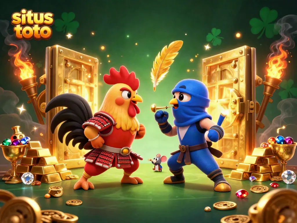 Witness an epic duel as Situs Toto roosters face off amidst golden treasures and jewels.