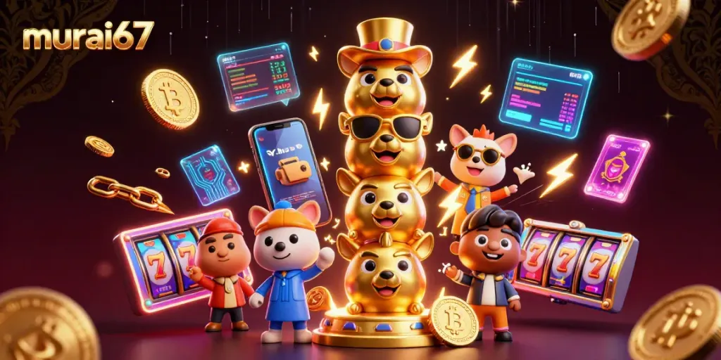 Engage with murai67's dynamic casino scene featuring colorful slots and vibrant cryptocurrency elements.
