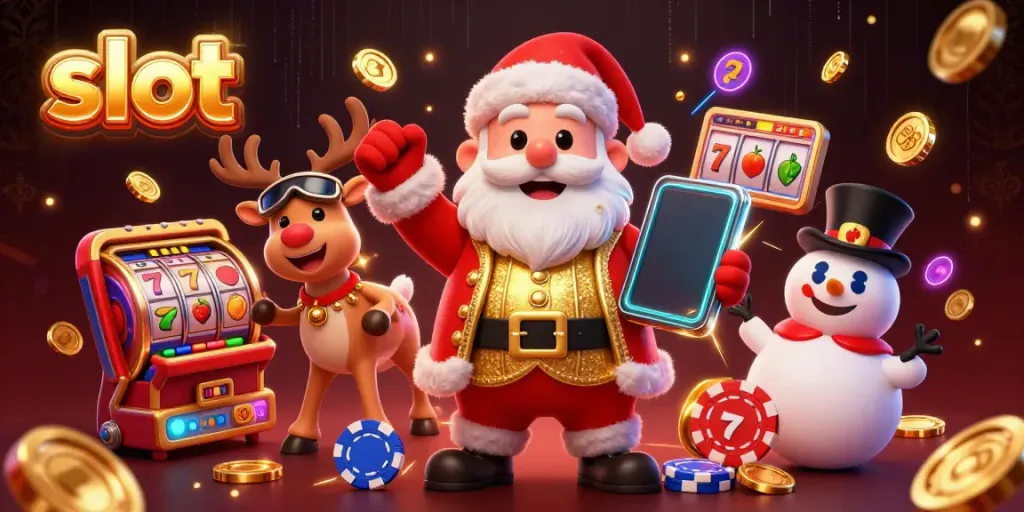 Santa Claus enjoying slots with 3D characters, displaying a winning atmosphere and vibrant visuals