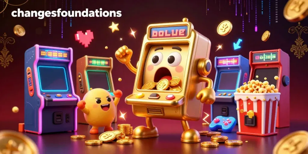 Engage with changesfoundations in this vibrant casino-themed 3D illustration featuring a jackpot-winning slot machine.