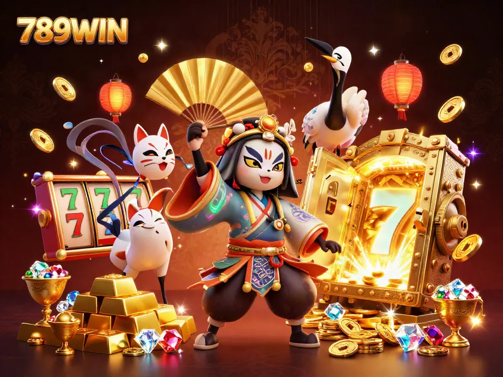 Engage with 789WIN in a vibrant, detailed slots scene filled with luck and treasure elements.