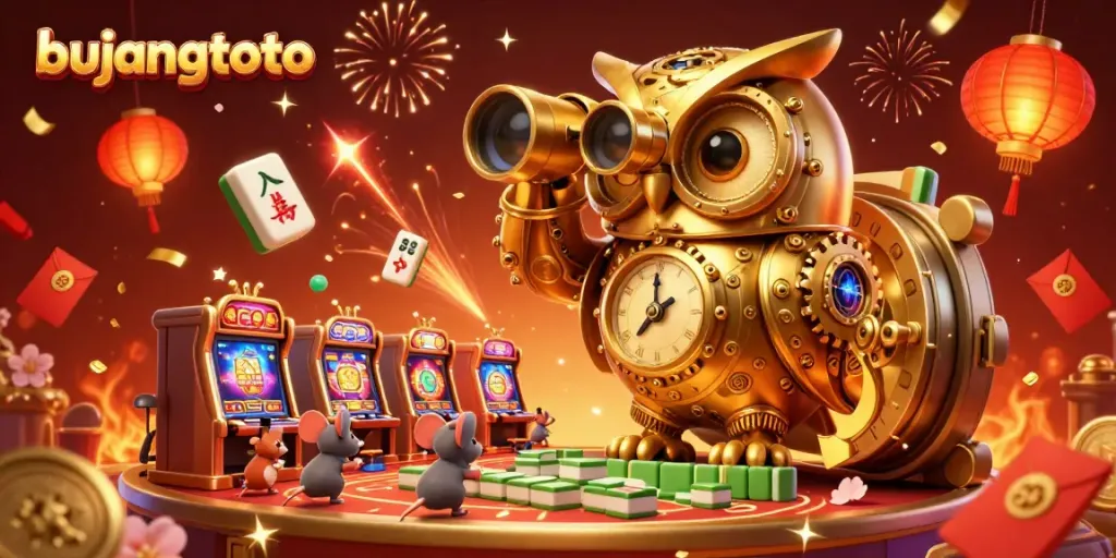 Bujangtoto showcases an ultra-detailed 3D casino scene with characters scanning the floor, highlighting vibrant slot machines.