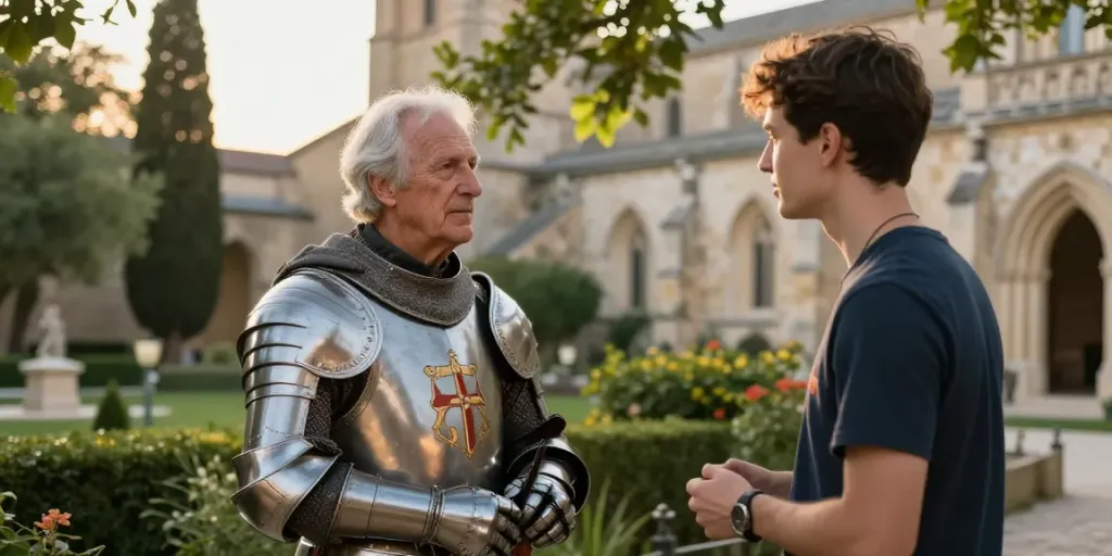 Conversation entre un chevalier de l'ordre militaire et hospitalier de Saint-Lazare de Jérusalem et un jeune volontaire dans un cadre historique.