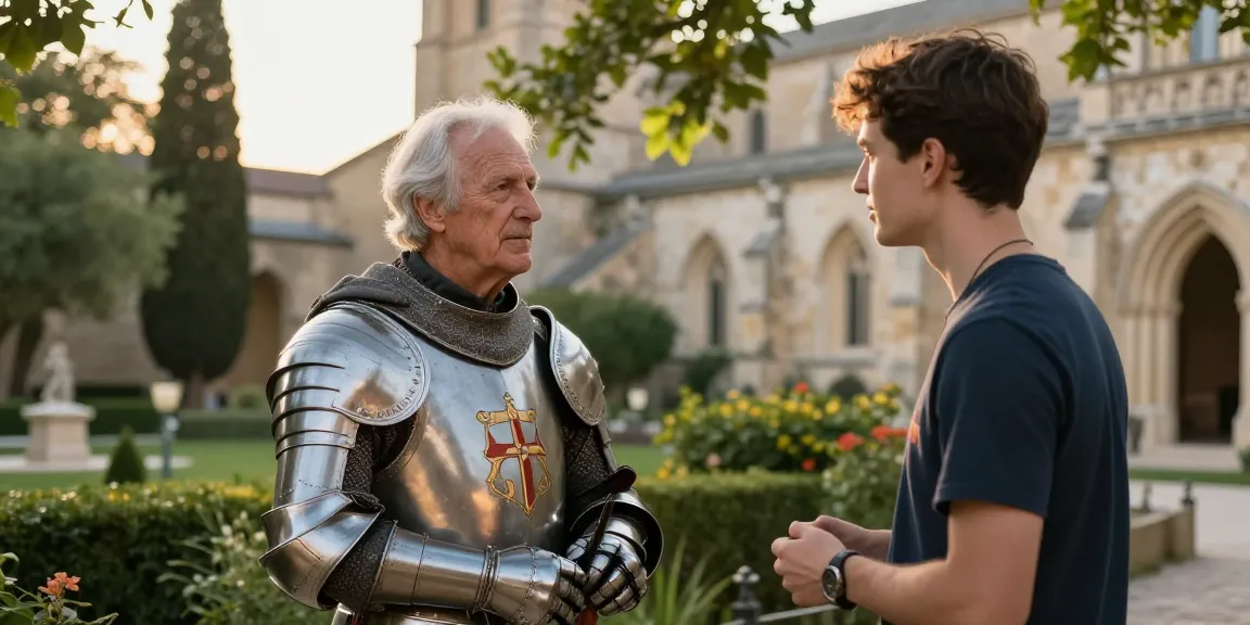 Conversation entre un chevalier de l'ordre militaire et hospitalier de Saint-Lazare de Jérusalem et un jeune volontaire dans un cadre historique.