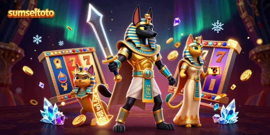 Engage with the thrilling world of sumseltoto slots featuring Anubis and Bastet amidst colorful gaming elements.
