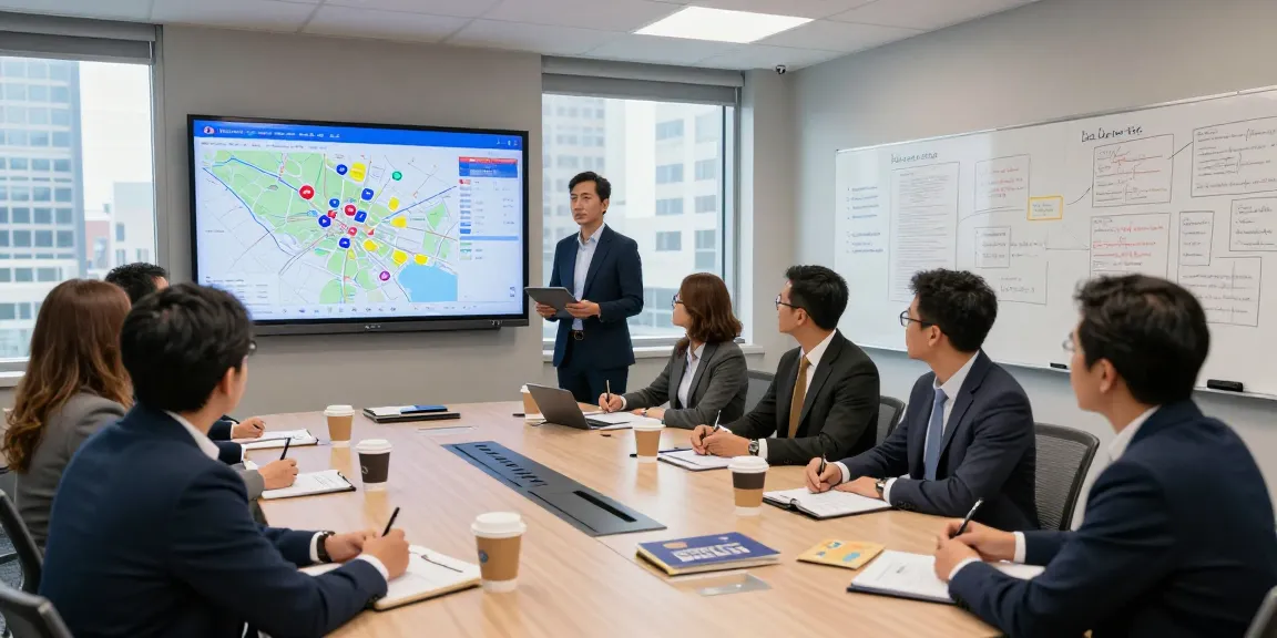 Candidate reputation management meeting with team analyzing voter data in a modern setting.