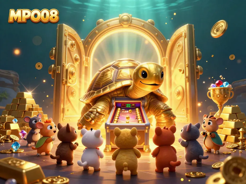 MPO08 engaging players in a vibrant 3D illustration of a colossal golden tortoise and treasure.