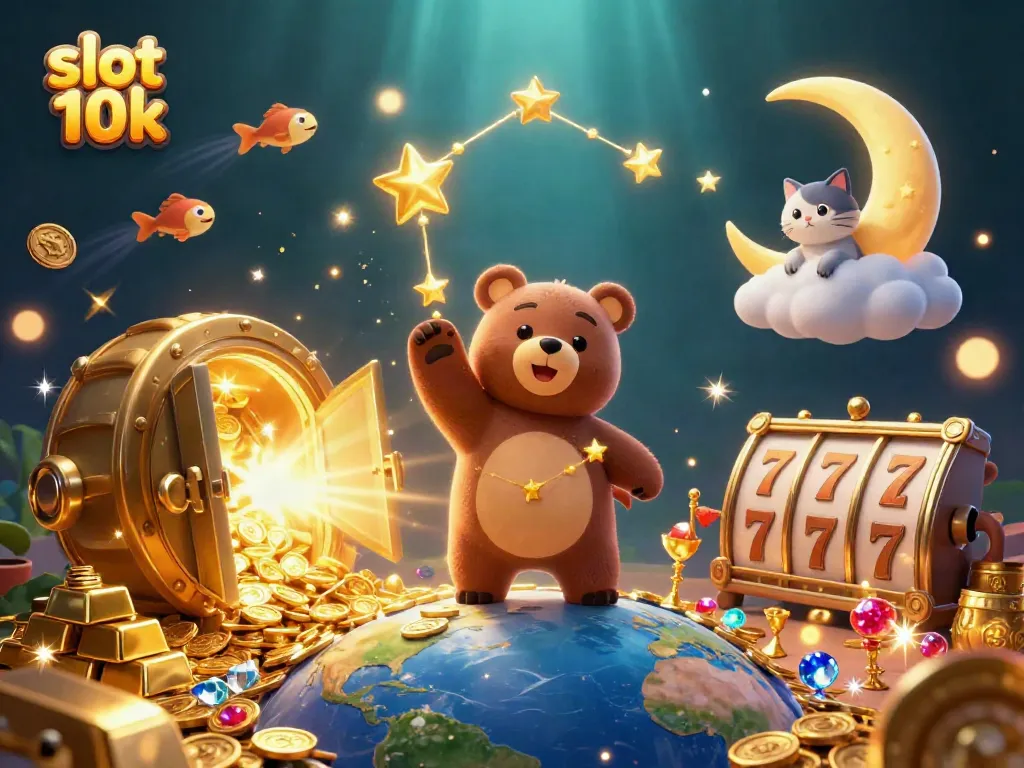 Experience slot 10k excitement with a cartoon constellation bear and treasures cascading in this vibrant casino illustration.
