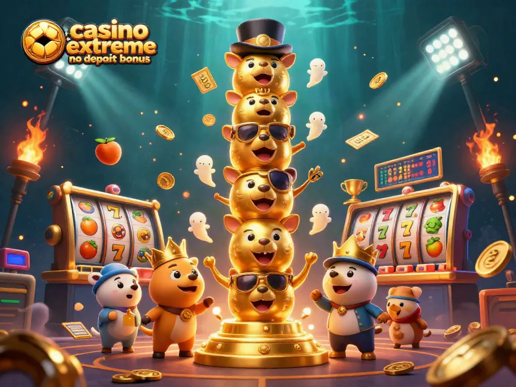 Play with casino extreme no deposit bonus in this vibrant 3D illustration with dynamic casino elements.