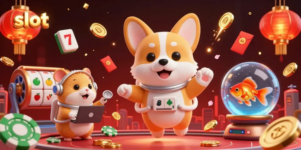 Astounding slot-themed illustration with floating slot reels and a cartoon astronaut corgi in a cosmic casino.