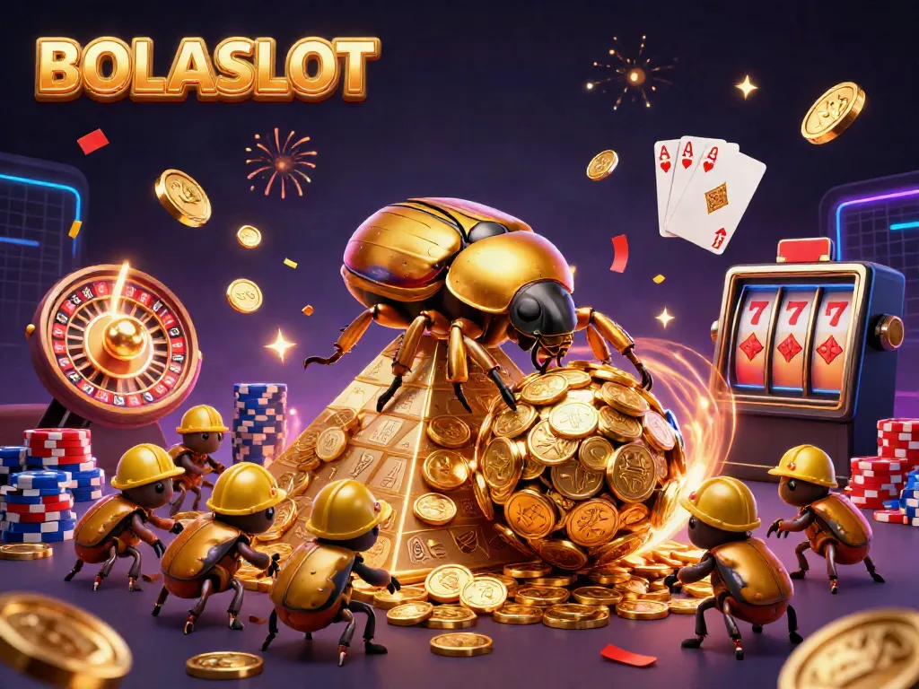 BOLASLOT showcases a golden beetle rolling coins in a vibrant casino scene filled with dynamic casino elements.